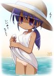  1girl blush breasts dark_skin dress dress_lift female hat ikkyuu long_hair looking_at_viewer low_ponytail no_panties one-piece_tan original ponytail purple_eyes purple_hair pussy smile solo squeezing standing sun_hat tan tanline tied_hair translation_request uncensored wading water wet wet_clothes wet_dress white_dress 
