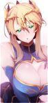  ahoge aqua_eyes artoria_pendragon_(all) artoria_pendragon_(lancer) bad_id bad_twitter_id bangs bare_shoulders blue_dress blurry blurry_background blush breasts brown_background cleavage cleavage_cutout colored_eyelashes commentary_request covered_nipples crown depth_of_field detached_sleeves dress eyebrows_visible_through_hair fate/grand_order fate_(series) glint gradient gradient_background hair_between_eyes head_tilt headpiece highres large_breasts light_brown_hair long_hair long_sleeves looking_at_viewer parted_lips shiny shiny_skin sidelocks sleeveless sleeveless_dress solo wada_kazu white_background 