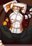 anthro athletic clothed clothing feline female flat_chested kung_fu_panda lying mammal master_tigress nipples on_back open_shirt smile solo spread_legs spreading thick_thighs tiger yawg 