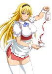  1girl blonde_hair breasts chousen_(ikkitousen) hairband ikkitousen large_breasts long_hair looking_at_viewer purple_eyes skirt smile solo standing tagme thighhighs 