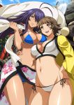  2girls antenna_hair blue_eyes breasts brown_eyes brown_hair chouhi_ekitoku cleavage fang ikkitousen kan&#039;u_unchou large_breasts long_hair looking_at_viewer medium_breasts multiple_girls navel open_mouth parted_lips purple_hair short_hair smile standing swimsuit tagme 