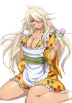  1girl blonde_hair breasts brown_eyes cleavage ikkitousen large_breasts long_hair looking_at_viewer musashibou_benkei_(ikkitousen) sitting smile solo tagme 