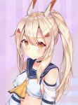  &gt;:( ayanami_(azur_lane) azur_lane bangs bare_shoulders blonde_hair blue_sailor_collar blush breasts buckle closed_mouth collar commentary crop_top detached_sleeves hair_between_eyes hair_ornament hairclip headgear highres long_hair looking_at_viewer mishuo_(misuo69421) neckerchief ponytail purple_background sailor_collar shiny shiny_hair sideboob sidelocks small_breasts solo striped striped_background upper_body vertical-striped_background vertical_stripes yellow_neckwear 