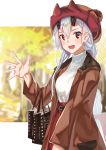  :d bag braid brown_coat casual coat commentary_request fate/grand_order fate_(series) forest highres light_blush long_hair looking_at_viewer nature oni_horns open_clothes open_coat open_mouth red_eyes red_skirt shopping_bag silver_hair single_braid skirt smile solo sweater tapioka_(oekakitapioka) tomoe_gozen_(fate/grand_order) turtleneck turtleneck_sweater upper_body waving white_sweater 