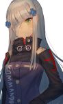  artist_name bandage_over_one_eye bandaid bandaid_on_face bangs blunt_bangs blush closed_mouth clothes_writing eyebrows_visible_through_hair girls_frontline goggles goggles_around_neck green_eyes hair_ornament high_collar highres hk416_(girls_frontline) long_hair long_sleeves military military_uniform one_eye_covered sidelocks simple_background slit_pupils solo straight_hair uniform upper_body white_background xanax025 