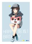  1girl :3 :d bang_dream! baseball_cap black_hair black_jacket black_legwear black_shorts blue_footwear color_guide crown dated grey_eyes grey_hoodie hair_ornament hairclip happy_birthday harusawa hat hat_ornament hood hood_down invisible_chair jacket long_sleeves looking_at_viewer mascot_head michelle_(bang_dream!) okusawa_misaki open_mouth shoes short_shorts shorts sitting smile socks solo 