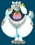  2018 absurd_res anthro bandanna belly blue_background bottomless brown_spots canine clothed clothing cute digital_media_(artwork) dog eyes_closed fur fur_tuft hi_res male mammal multicolored_fur overweight puffedup semi-anthro shirt simple_background solo spots tank_top thick_thighs tuft tyco white_fur wide_hips 