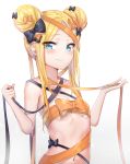  abigail_williams_(fate/grand_order) bangs black_bow black_ribbon blonde_hair blue_eyes blush bow breasts closed_mouth collarbone double_bun eyebrows_visible_through_hair eyes_visible_through_hair fate/grand_order fate_(series) gradient gradient_background grey_background hair_bow highres holding holding_ribbon looking_at_viewer naked_ribbon navel orange_bow orange_ribbon parted_bangs polka_dot polka_dot_bow polka_dot_ribbon ribbon side_bun sidelocks simple_background small_breasts solo sunhyun upper_body white_background 