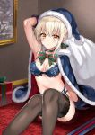  1girl arm_support arm_up armpits artoria_pendragon_(all) bangs bare_arms black_bra black_cape black_choker black_gloves black_hat black_legwear black_panties blonde_hair blush bow bowtie bra breasts breasts_apart brown_eyes cape choker christmas closed_mouth commentary_request dark_excalibur eyebrows_visible_through_hair fate/grand_order fate_(series) feet_out_of_frame frilled_bra frills fur_trim gift gloves green_bow green_neckwear hair_bow harimoji hat highleg highleg_panties highres holding holding_sack indoors knees_up lace lace-trimmed_thighhighs light_particles looking_at_viewer medium_breasts navel panties photo_(object) picture_frame saber_alter sack santa_hat short_hair sidelocks sitting solo striped striped_bow striped_neckwear sword thighhighs underwear weapon 