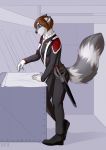  2018 5_fingers anthro blue_eyes brown_hair clothed clothing detailed_background felicia_cat female hair mammal procyonid raccoon solo 