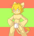  anthro blonde_hair bulge clothed clothing dragontim feline fundoshi fur hair hands_on_hips heterochromia japanese_clothing kemono lion looking_at_viewer male mammal mane medium_hair red_eyes simple_background smile solo standing tan_fur underwear yellow_eyes yellow_fur 