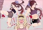  abs alternate_universe blue_eyes blush brown_hair commentary dreamsyndd fingerless_gloves gloves gym_shorts hairband heart heart-shaped_pupils highres kickboxing kicking multiple_girls open_mouth ponytail punching_bag saijou_claudine shorts shoujo_kageki_revue_starlight sweat symbol-shaped_pupils tendou_maya yuri 