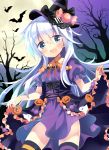  alternate_costume asymmetrical_legwear bat black_cat blue_eyes cat commentary_request cowboy_shot dress dress_lift food hat hibiki_(kantai_collection) highres hizuki_yayoi jack-o'-lantern kantai_collection lifted_by_self long_hair open_mouth purple_dress silver_hair smile solo standing striped striped_legwear triangle_mouth wand witch_hat 