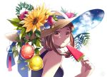  black_shirt blue_flower blue_ribbon blue_rose blush boku_no_hero_academia brown_eyes brown_hair cloud flower food hat hat_flower hat_ribbon holding holding_food long_hair looking_at_viewer nanaminn open_mouth popsicle red_flower red_rose ribbon rose shirt sleeveless sleeveless_shirt solo sun_hat sunflower upper_body uraraka_ochako watermelon_bar white_background yellow_flower 