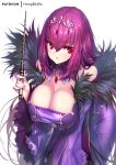 bangs blush breasts cleavage commentary_request covered_nipples dress eyebrows_visible_through_hair fate/grand_order fate_(series) feather_trim hair_between_eyes hand_up headpiece holding holding_wand hong_(white_spider) large_breasts leaning_forward long_sleeves looking_at_viewer parted_lips purple_dress purple_hair red_eyes scathach_(fate)_(all) scathach_skadi_(fate/grand_order) signature simple_background solo wand white_background wide_sleeves 