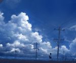  absurdres axleaki bag black_hair blue_sailor_collar blue_skirt blue_sky cloud cloudy_sky commentary day grass highres horizon original outdoors power_lines sailor_collar scenery school_bag school_uniform serafuku shirt short_hair shoulder_bag skirt sky solo standing white_shirt wind 