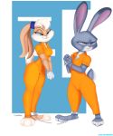  2018 angry anthro barefoot blonde_hair blue_eyes chain claws clothed clothing cybertuna dipstick_ears disney duo female flat_chested fur gloves hair handcuffs judy_hopps jumpsuit lagomorph lola_bunny looking_back looney_tunes mammal multicolored_fur prison prisoner purple_eyes rabbit shackles simple_background smile teeth toe_claws two_tone_fur warner_brothers zootopia 