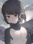  adelie_penguin_(kemono_friends) bangs black_hair blurry brown_eyes brown_hair cloud cloudy_sky commentary depth_of_field expressionless headphones highres kemono_friends looking_at_viewer mochorinpun mountain multicolored_hair sky solo turtleneck two-tone_hair upper_body 