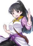  :d black_hair blush breasts commentary fighter_(goblin_slayer!) fighting_stance goblin_slayer! medium_breasts open_mouth pants ponytail purple_eyes simple_background smile solo white_background zawa_nong 