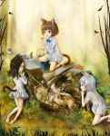 animal_ears ass barefoot black_hair blue_eyes brown_hair cat_ears cat_tail child commentary_request dirty_feet dress fang feet gineko_(hobbyist777) ginkgo_leaf green_eyes ground_vehicle highres kneepits legs long_hair motor_vehicle motorcycle multiple_girls open_mouth original outdoors overgrown panties red_eyes short_dress short_hair silver_hair soles tail toes underwear vehicle_request white_dress white_panties 