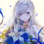  absurdres azur_lane bangs bare_shoulders belfast_(azur_lane) blue_eyes blush bouquet braid bridal_veil bride chain closed_mouth collar collarbone commentary_request crown_braid dress earrings eyebrows_visible_through_hair flower highres jewelry lips long_hair petals shiny shiny_hair silver_hair simple_background smile solo strapless strapless_dress tsukioka_tsukiho veil white_background 