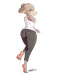  5_fingers 5_toes anthro barefoot big_butt bojack_horseman butt butt_pose clothed clothing feet female fur grey_fur howsplendid humanoid_feet looking_at_viewer looking_back mammal mia_mckibben mouse rodent simple_background soles thick_thighs toes 