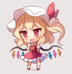 &gt;:) 60mai :d arm_behind_back ascot blonde_hair blush bow chibi commentary crystal fang flandre_scarlet full_body grey_background hand_up hat hat_bow looking_at_viewer mob_cap one_side_up open_mouth petticoat pointing pointing_at_self puffy_short_sleeves puffy_sleeves red_bow red_eyes red_footwear red_skirt red_vest shadow shoes short_hair short_sleeves simple_background skirt skirt_set smile socks solo standing touhou tsurime vest white_hat white_legwear wings yellow_neckwear 