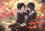  autumn autumn_leaves bangs bench black_hair blue_eyes blue_neckwear blurry blurry_background brown_eyes brown_shirt brown_skirt camera closed_mouth commentary_request dappled_sunlight dated depth_of_field eyebrows_visible_through_hair feet_out_of_frame ginkgo_leaf hair_ornament hibike!_euphonium holding holding_leaf kasaki_nozomi leaf leaf_hair_ornament liz_to_aoi_tori long_hair long_sleeves looking_at_viewer medium_skirt multiple_girls neckerchief outdoors park park_bench parted_bangs sailor_collar shirt short_hair short_ponytail sidelocks signature skirt smile sunlight tree_bowbow white_sailor_collar yoroizuka_mizore yuri 
