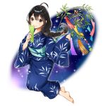  ahoge barefoot black_eyes black_hair blue_kimono braid brown_hair full_body japanese_clothes kimono long_hair maruyama_hari night night_sky rakkami! sky tanabata tanzaku wide_sleeves yukata 