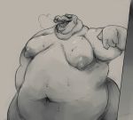  alligator anthro belly big_belly claws crimetxt crocodilian deep_navel digital_drawing_(artwork) digital_media_(artwork) facial_piercing grey_background greyscale half-closed_eyes male monochrome moobs morbidly_obese navel nipples nose_piercing nose_ring nude obese obese_male open_mouth overweight overweight_male piercing reptile saliva scalie simple_background smile solo sweat thick_thighs tongue yellow_sclera 