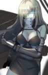  black_dress blue_eyes breasts cape covered_mouth damaged dress european_water_hime eyebrows_visible_through_hair gauntlets gloves hair_between_eyes hair_over_one_eye kantai_collection large_breasts long_hair machinery mechanical_arm pallad shinkaisei-kan simple_background solo torn_clothes turret white_background white_hair 