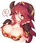  1girl black_gloves breasts cleavage commentary cropped_torso dragalia_lost english_commentary eyebrows_visible_through_hair eyes_visible_through_hair fang fang_out fur_collar gloves hair_between_eyes hands_up highres horn_ornament horns jewelry large_breasts long_hair mym_(dragalia_lost) orange_eyes puffy_short_sleeves puffy_sleeves red_hair ricegnat short_sleeves simple_background smile solo spoken_exclamation_mark upper_body wavy_mouth white_background wrist_cuffs 