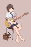  amplifier barefoot brown_eyes brown_hair chair commentary guitar highres instrument music necktie original playing_instrument school_uniform short_hair simple_background sitting solo tanuki_koubou telecaster 