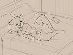  5_fingers anthro bed black_and_grey clothed clothing eyebrows eyelashes female grey_background hair inside kae_esrial legwear line_art looking_aside lying mammal on_bed on_side open_shirt partially_clothed pillow pussy qualzar short_hair simple_background solo tarunah wide_hips 