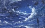  axleaki cloud cloudy_sky commentary full_moon highres horizon moon moonlight night night_sky ocean original reflection scenery silhouette sky solo standing standing_on_liquid water 
