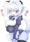  &lt;3 2018 blue_eyes blush breasts butt canine clothed clothing cute_fangs dog dress dress_pull female fur hair holding_breast htg htg92 kemono legwear maid_uniform mammal open_mouth panties short_dress simple_background smile solo stockings underwear uniform white_background white_fur white_hair 