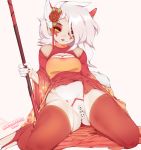  2018 amber_eyes anthro cherrikissu clothed clothing colored_nails digital_media_(artwork) female flower hair hi_res holding_object japanese_clothing kae_esrial kimono legwear looking_at_viewer mammal plant pussy signature simple_background smile solo tarunah white_background white_hair 