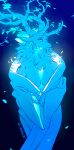  2018 anthro antlers blue_eyes blue_theme breasts cervine clothing digital_media_(artwork) female glowing glowing_eyes horn japanese_clothing kimono mammal simple_background smile solo standing zummeng 
