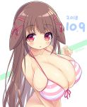  :o animal_ears bare_arms bare_shoulders bikini blush breasts brown_hair cleavage collarbone commentary_request covered_nipples dated dog_ears ears_down fingernails front-tie_bikini front-tie_top hair_ribbon hand_up huge_breasts long_hair looking_at_viewer maya_yukiko navel parted_lips pink_ribbon red_eyes ribbon saki shuz_(dodidu) solo striped striped_bikini swimsuit twitter_username very_long_hair 