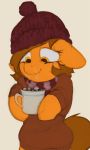  beanie beverage brown_eyes brown_fur brown_mane brown_tail clothing earth_pony equine eyelashes fan_character female feral fur hair hat holding_cup holding_object hooves horse horse_tail hot_chocolate mammal marshmallow marsminer my_little_pony on_hind_legs pony quadruped scarf short_hair simple_background smile solo sweater venus_spring white_background 