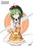  ;d absurdres arm_behind_back bee_doushi belt character_name choker cowboy_shot eyebrows_visible_through_hair goggles goggles_on_head green_eyes green_hair grin gumi hair_between_eyes head_tilt highres holding holding_microphone layered_skirt long_hair looking_at_viewer microphone miniskirt multicolored_hair one_eye_closed open_mouth purple_hair shiny shiny_hair shirt signature skirt sleeveless sleeveless_shirt smile solo standing two-tone_hair vocaloid white_background yellow_skirt 