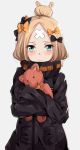  abigail_williams_(fate/grand_order) bangs black_bow black_jacket blonde_hair blue_eyes blush bow closed_mouth commentary_request eyebrows_visible_through_hair fate/grand_order fate_(series) forehead grey_background hair_bow hair_bun heroic_spirit_traveling_outfit highres jacket kohakope long_hair long_sleeves looking_at_viewer object_hug orange_bow parted_bangs polka_dot polka_dot_bow simple_background sleeves_past_fingers sleeves_past_wrists solo stuffed_animal stuffed_toy teddy_bear 