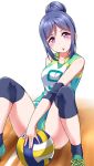  :o \||/ alternate_hairstyle ball between_legs blue_hair blush commentary_request hair_bun hand_between_legs knee_brace leotard looking_at_viewer love_live! love_live!_sunshine!! matsuura_kanan navy_blue_legwear purple_eyes shirt shoes sidelocks sitting sitting_on_floor sleeveless sneakers socks solo sportswear v-shaped_eyebrows volleyball volleyball_uniform wooden_floor yopparai_oni 