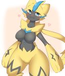  &lt;3 anthro big_breasts black_fur blue_eyes blush breasts collarbone denyfake featureless_breasts featureless_crotch feline female fur happy invalid_tag looking_at_viewer mammal nintendo pok&eacute;mon pok&eacute;mon_(species) simple_background smile solo standing thick_thighs video_games whiskers wide_hips yellow_fur zeraora 