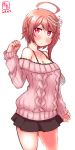  alternate_costume aran_sweater artist_logo bare_shoulders black_skirt blush breasts cleavage collarbone commentary_request dated hair_ornament highres i-58_(kantai_collection) kanon_(kurogane_knights) kantai_collection lace-trimmed_sweater long_sleeves looking_at_viewer medium_breasts off-shoulder_sweater pink_eyes pink_hair pink_sweater ribbed_sweater short_hair signature simple_background skirt solo spaghetti_strap standing sweater white_background 