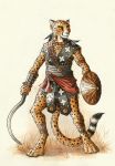  0laffson 2016 4_toes 5_fingers anthro cheetah clothed clothing ear_piercing feline fur holding_object holding_weapon male mammal melee_weapon orange_fur piercing shield solo spots spotted_fur standing sword toes traditional_media_(artwork) weapon 