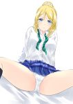  akira_miku_ver arm_support ayase_eli bangs bed_sheet black_legwear blonde_hair blue_eyes blue_skirt bow bowtie closed_mouth commentary_request crotch_seam dress_shirt dutch_angle eyebrows_visible_through_hair green_neckwear highres lips long_hair long_sleeves looking_at_viewer love_live! love_live!_school_idol_project miniskirt on_bed panties pantyshot pantyshot_(sitting) partial_commentary plaid plaid_skirt pleated_skirt ponytail school_uniform scrunchie shirt signature sitting skirt smile socks solo spread_legs swept_bangs twitter_username underwear undone_bowtie white_background white_panties white_scrunchie white_shirt wing_collar 