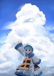  :d antenna_hair arm_up blue_eyes blue_hair blue_sky blush cloud day highres holding hood hoop jewelry kesa kibisake kumoi_ichirin long_hair long_sleeves looking_at_viewer nun open_mouth pendant sky smile solo standing touhou wide_sleeves 