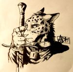  0laffson 2016 cheetah feline fur holding_object holding_weapon looking_at_viewer mammal melee_weapon spots spotted_fur sword traditional_media_(artwork) weapon 