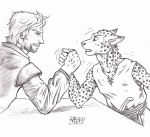  0laffson 2016 5_fingers anthro cheetah clothed clothing duo feline hair human male mammal sketch traditional_media_(artwork) 